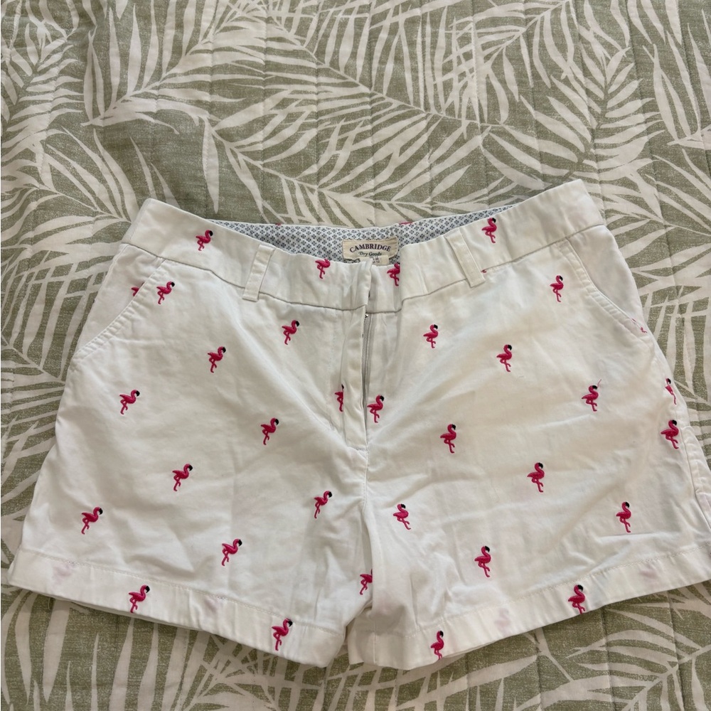 Cambridge Dry Goods Women's White Shorts with Pink Flamingo Print